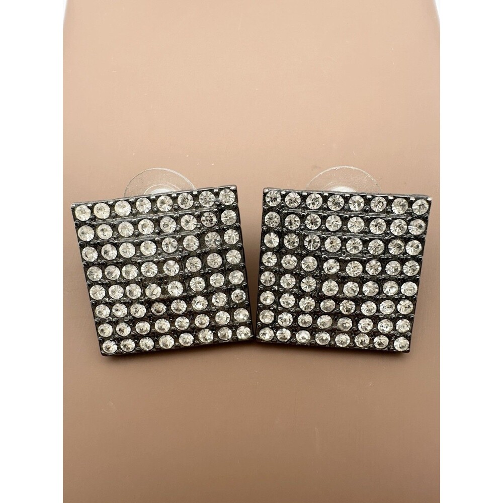 Vtg Square Pave Crystal Rhinestones Silver Tone Pierced Stud Earrings